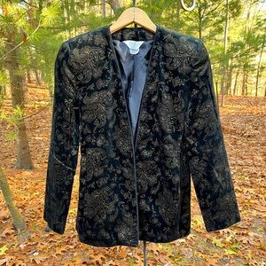 80s Tan Jay Black & Gold Velvet Paisley Print Blazer Jacket Glam Grandma Retro